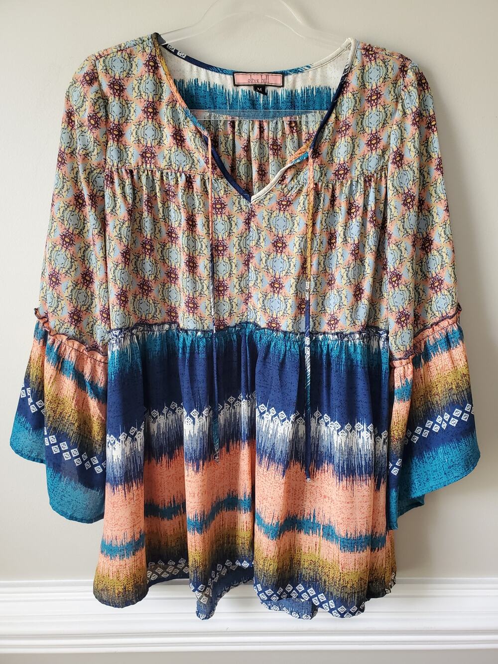 Olive Hill Women Colorful Peasant Blouse Top M Artsy Boho Chic Country Hippie